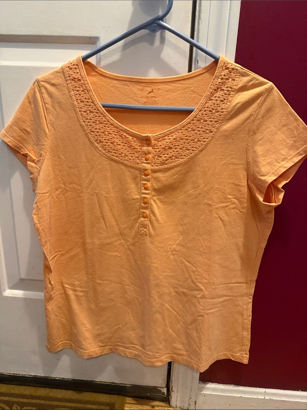 White Stag Peach Short Sleeve Scoop Neck Top with Crochet Yoke
